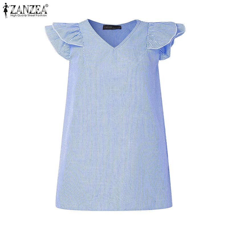 بلوزة نسائية مخططة بدون أكمام وفتحة رقبة على شكل حرف V