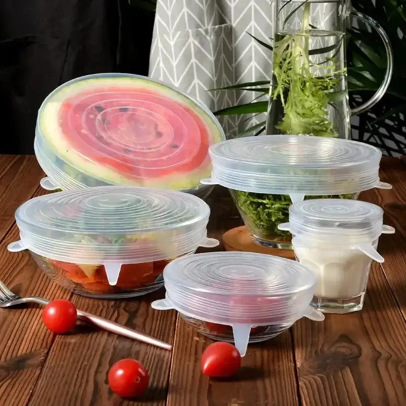 Adjustable silicone food covers in various sizes, ideal for sealing bowls and preserving freshness of food.