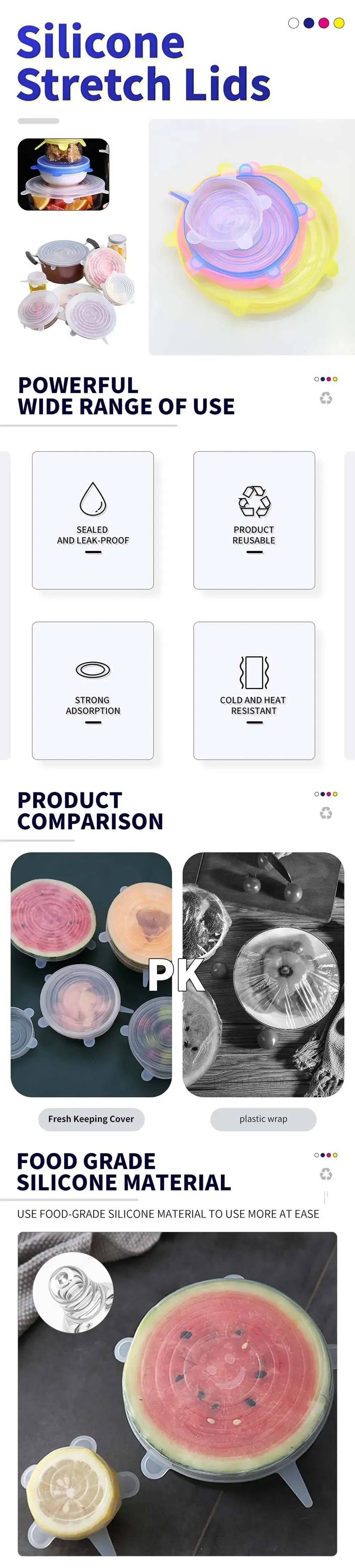 Image showcasing 6 pcs silicone stretch lids, highlighting use versatility, product comparison, and food-grade silicone material.