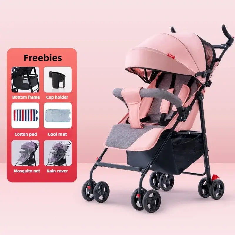 Pink baby stroller with adjustable seat, featuring accessories like cup holder and mosquito net.