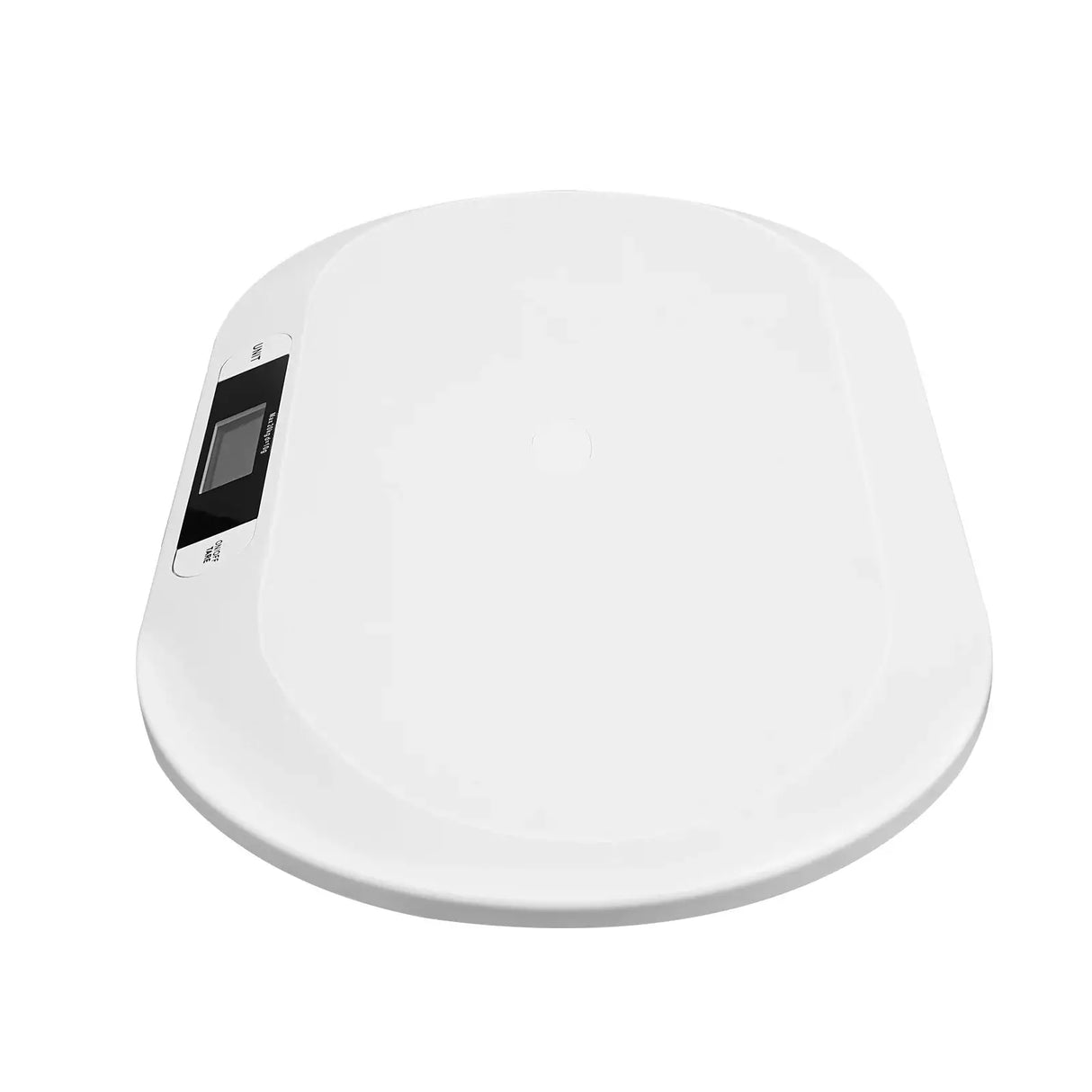 Ergonomic digital baby scale with a sleek white design and clear display for accurate weight measurement.
