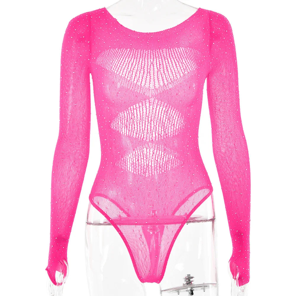 Women's Knitted Rhinestone Long Sleeve Bodysuit – Sexy Y2K Outfit