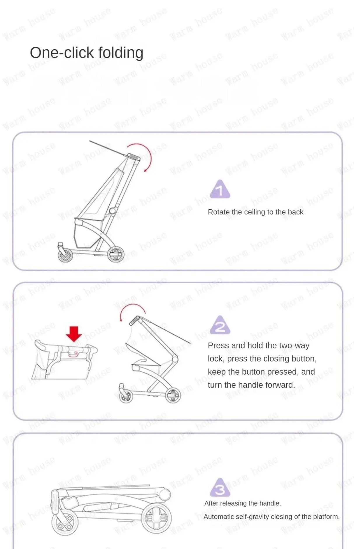 Instructions for one-click folding of a lightweight children's stroller with step-by-step visuals.
