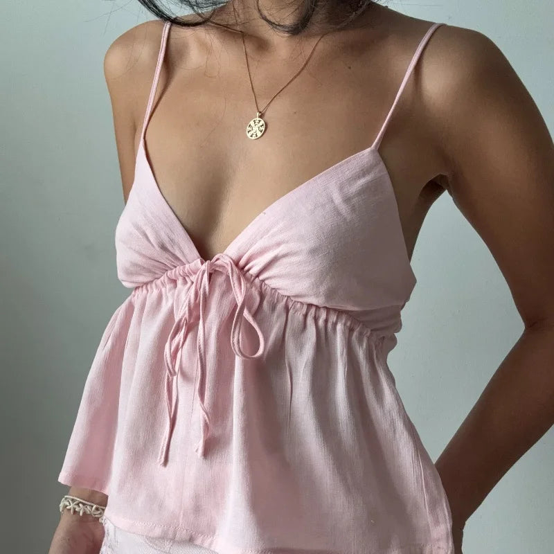 Off Shoulder V‑Neck Pink Crop Tank Top