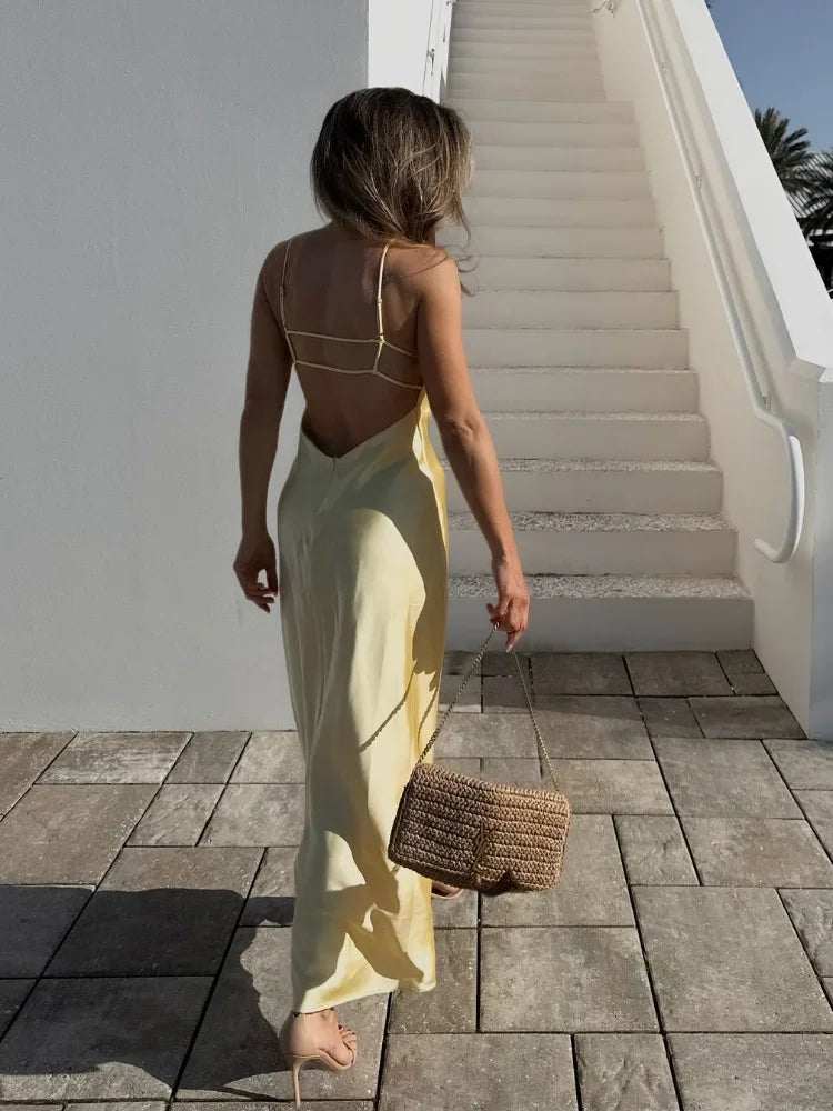 Golden Satin Backless Evening Gown