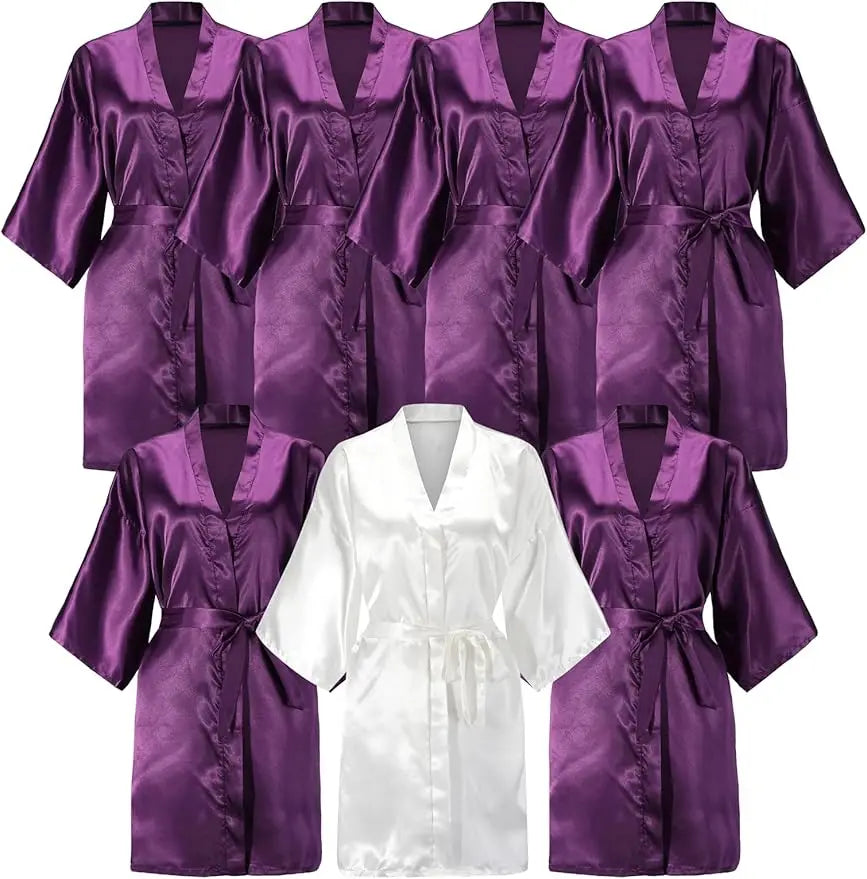 7-piece satin robe set in purple and white for bridesmaids, knee-length, short sleeves, ideal for bridal parties.