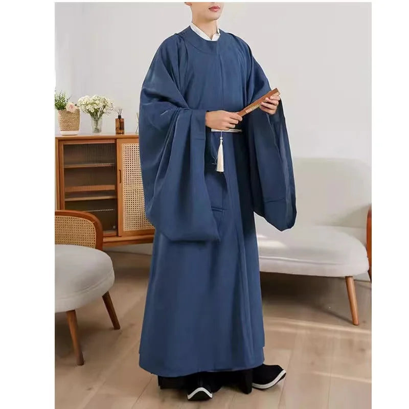 Unisex Classic Tang Dynasty Hanfu Robe in blue, showcasing traditional Chinese fashion with elegant sleeves.