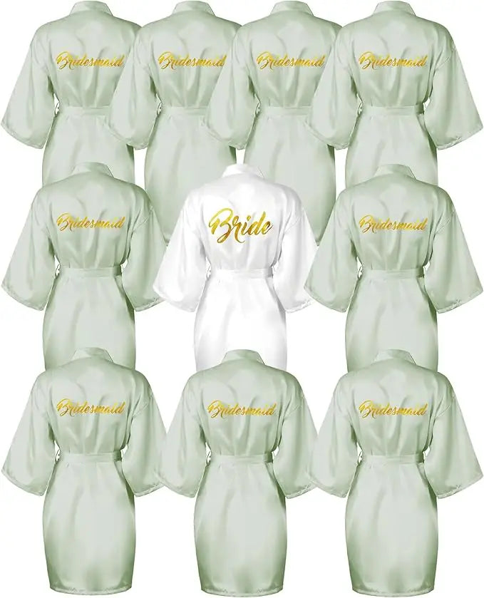 10-piece satin bride and bridesmaid kimono robe set in green and white with elegant gold lettering.