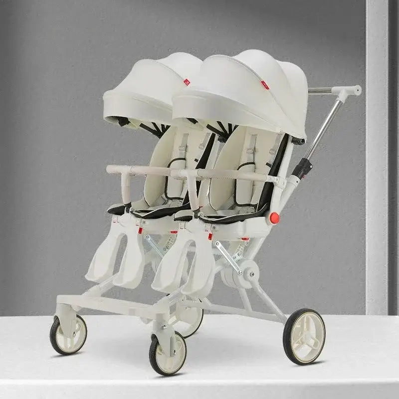 Twin stroller for two children, designed for ages 6 months to 3 years, featuring recycled fiber fabric and foldable design.