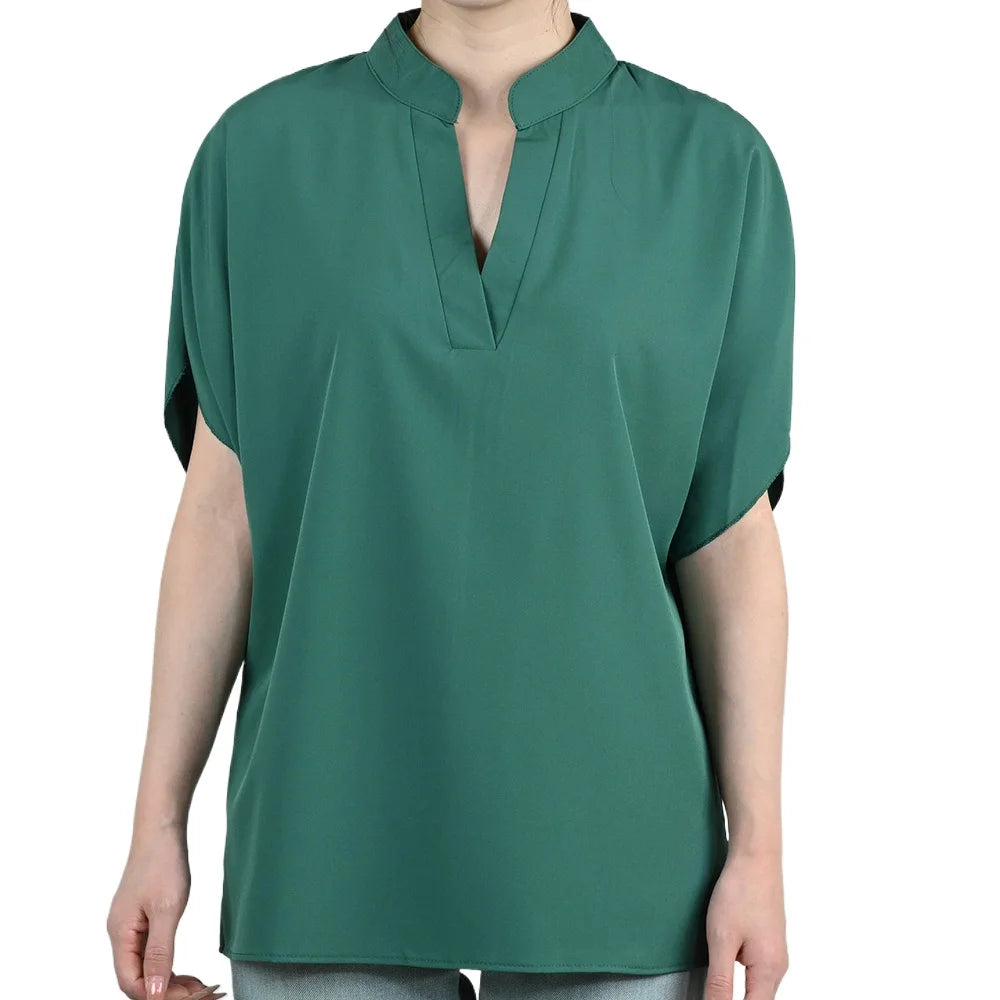 FlareFemme™ V-Neck Summer Blouse for women with short flare sleeves, perfect for midlife style in a solid green color.