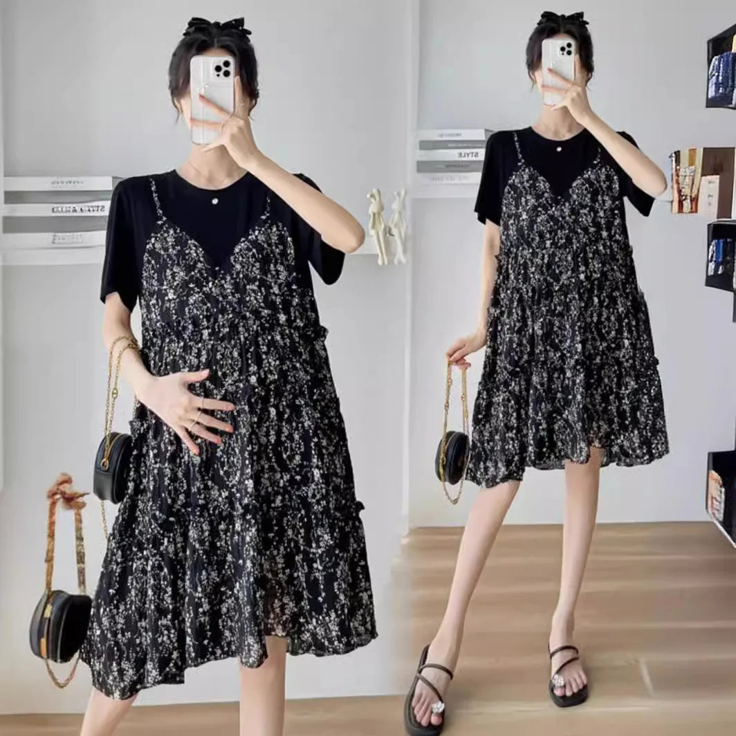 Elegant black floral maternity dress with short sleeves, perfect for baby showers and summer outings.