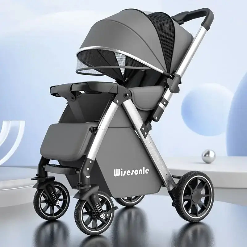 Lightweight baby stroller in gray, featuring high carbon steel frame, foldable design, and PU foam wheels for easy maneuverability.