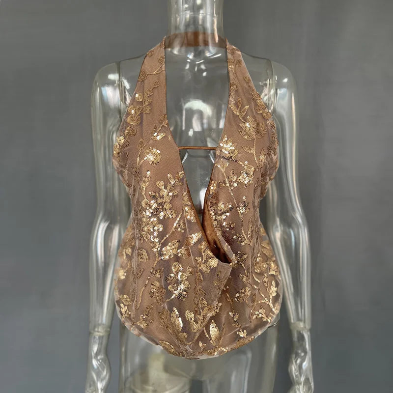 بلوزة نسائية بدون أكمام ذات ترتر عميق على شكل حرف V