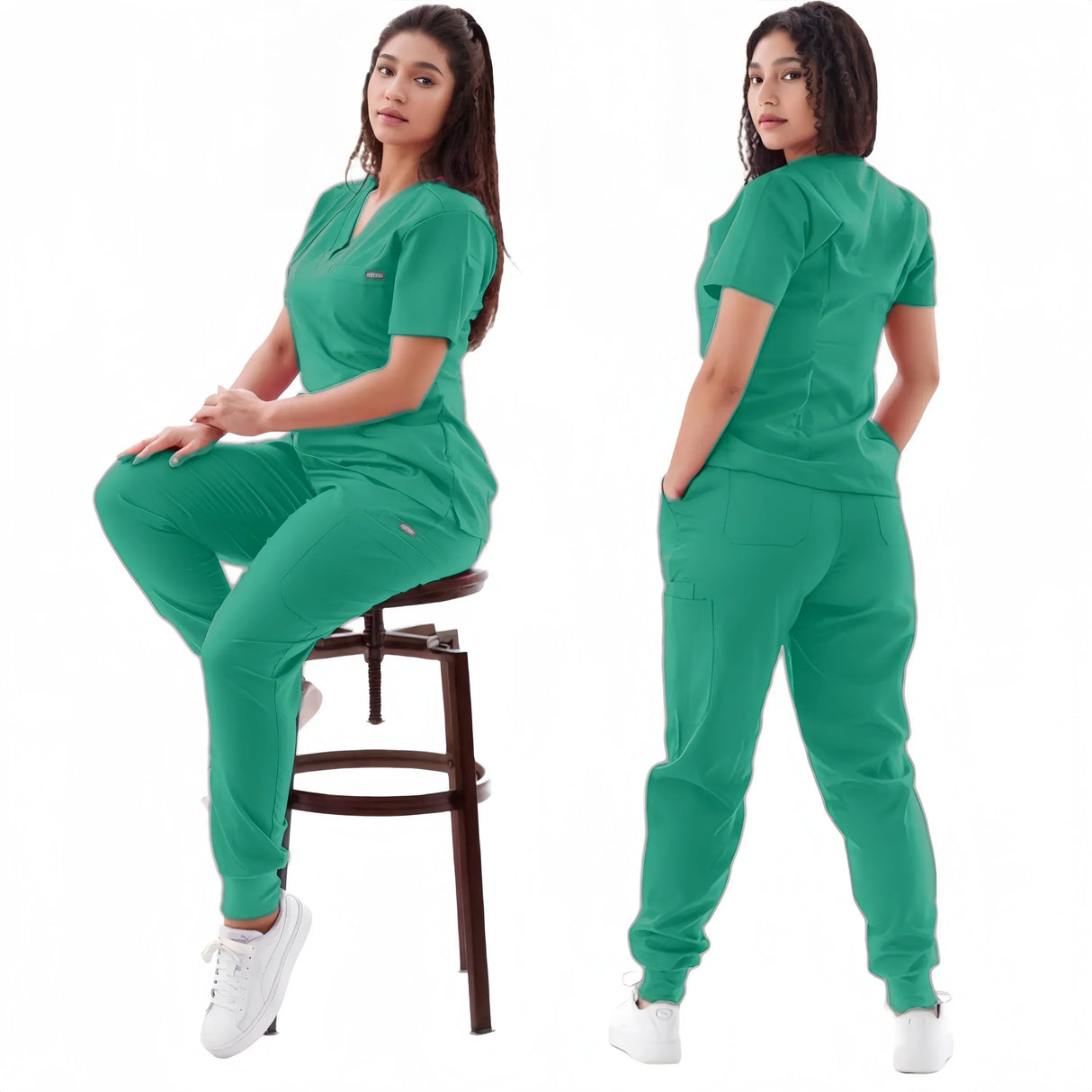 Women in breathable green medical scrub sets, showcasing elastic short sleeve workwear with front and back views.