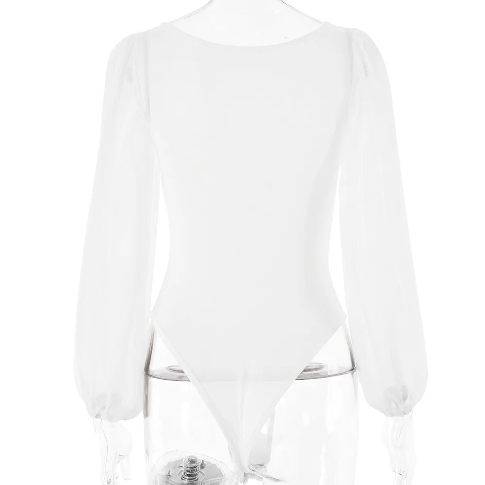 Women's Mesh Long Sleeve Bodysuit – Sexy Black White Bodycon Top
