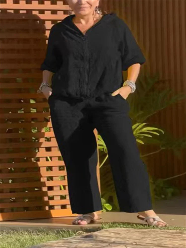 بدلة نسائية بمقاسات كبيرة - هودي وبنطلون من القطن القنب