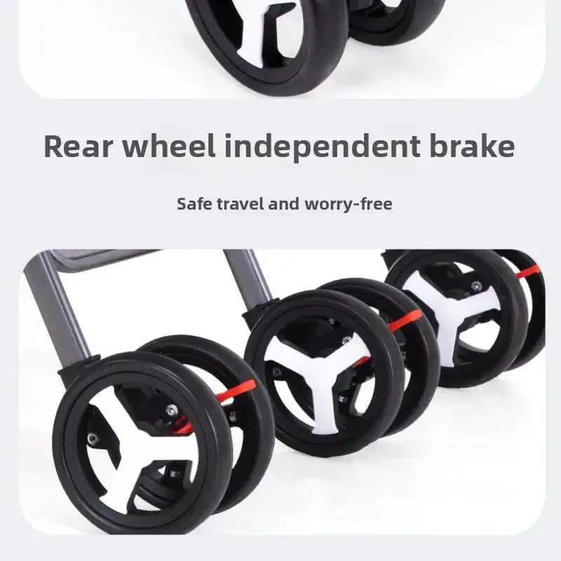 Close-up of rear wheel independent brake on a twin baby stroller for safe and worry-free travel.