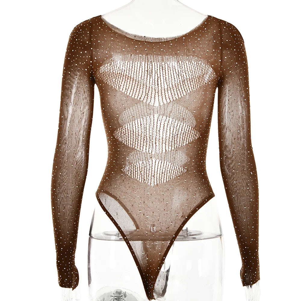 Women's Knitted Rhinestone Long Sleeve Bodysuit – Sexy Y2K Outfit