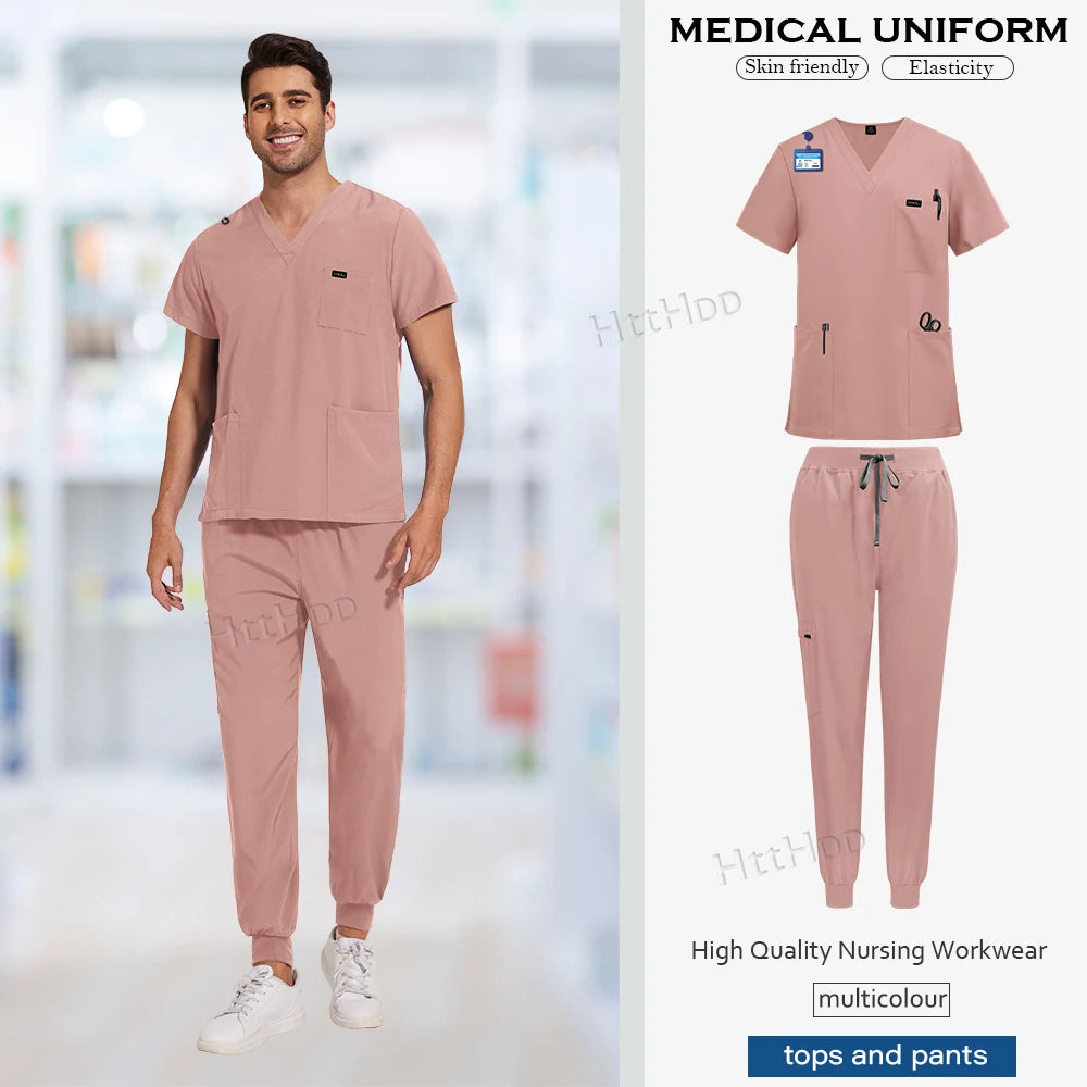 Men's short-sleeved pink scrub uniform set, breathable and comfortable, perfect for medical and nursing professionals.