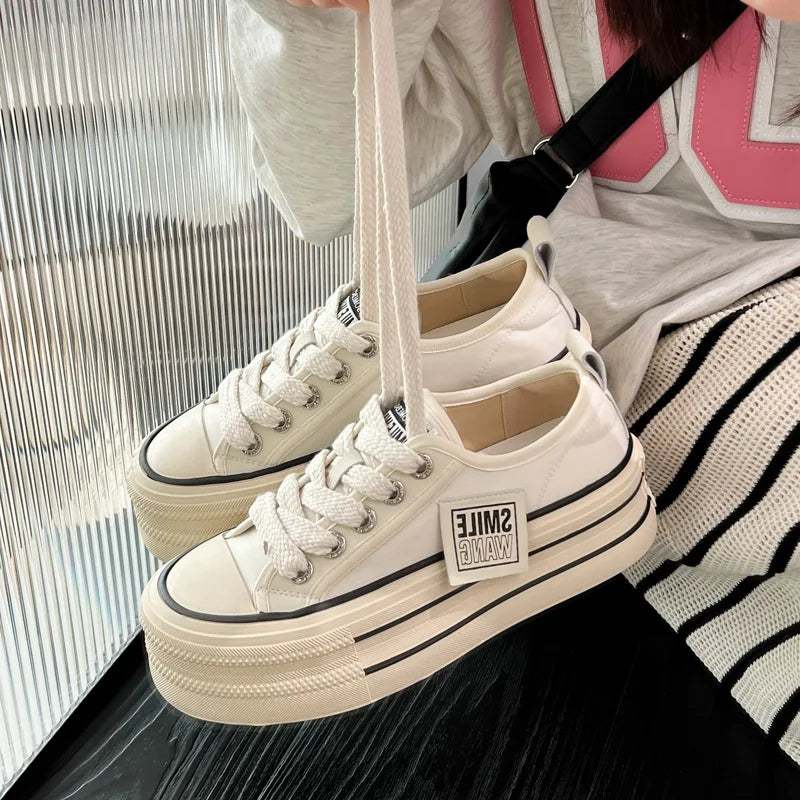 Women Canvas Shoes Black White Platform Sneakers
