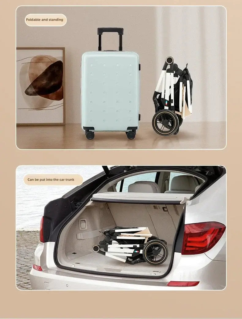 Lightweight baby stroller next to a suitcase; compact and foldable design for easy transport and trunk storage.