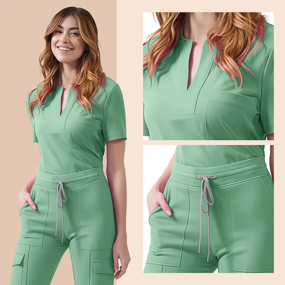 Women’s green medical scrub set featuring a pocket top and pants, designed for comfort and style in healthcare settings.