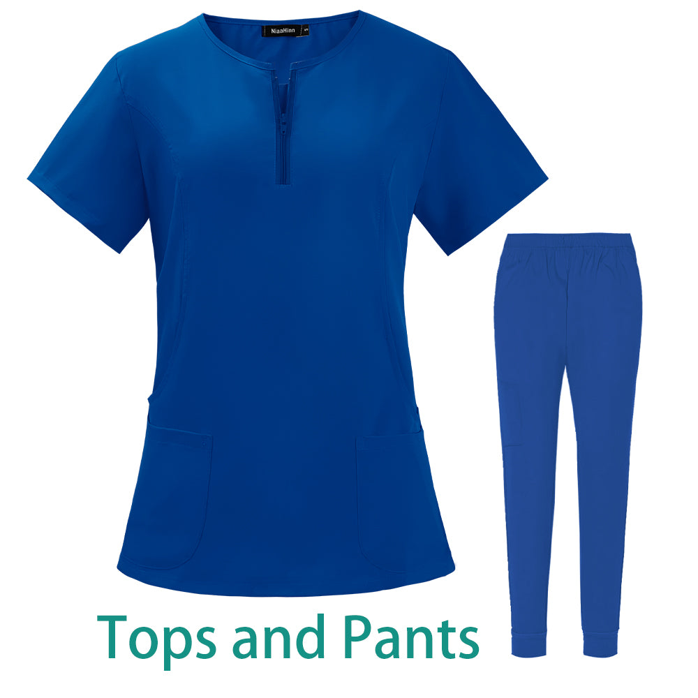 7-color nursing work uniform in blue with zipper v-neck top and matching pants for women and men.