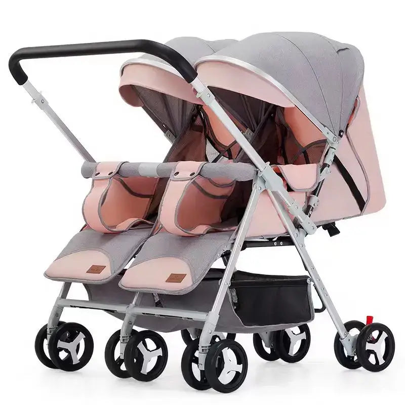 2025 new twin baby stroller in pink and gray, foldable design, suitable for 0-3 years, lightweight aluminum frame.