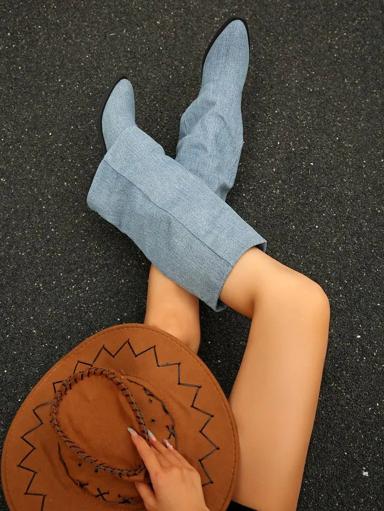 Women’s Knee High Cowboy Denim Boots 2025