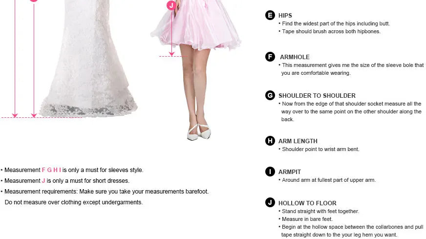Measurement guide for wedding dress fitting including hips, armhole, shoulder width, and arm length.
