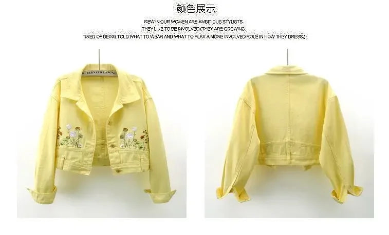 Floral Embroidery Denim Crop Jacket for Women