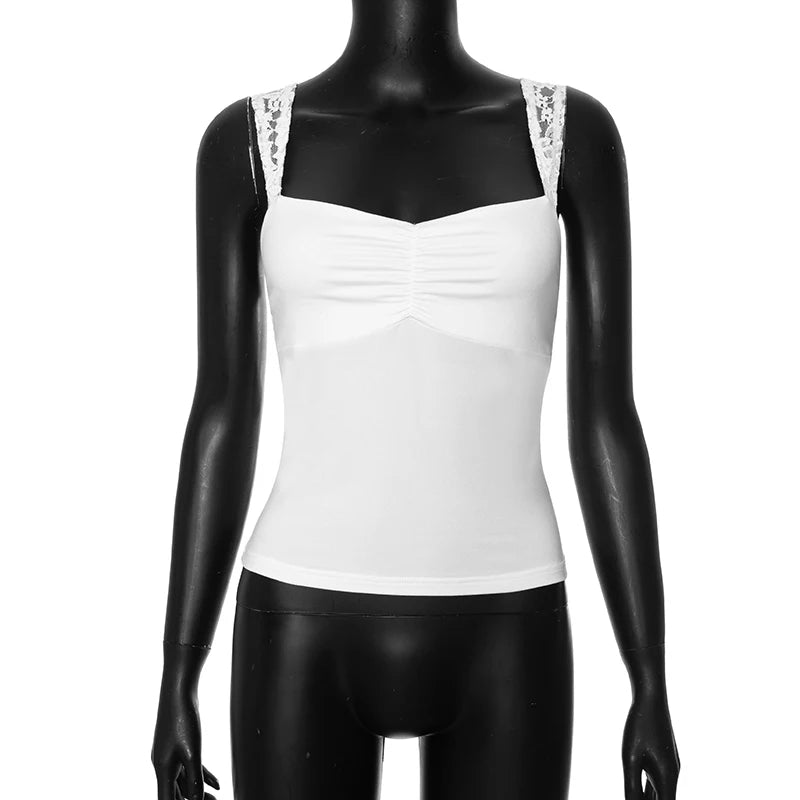 White lace strap pleated camisole tank top for women, featuring high stretch and a fitted design.