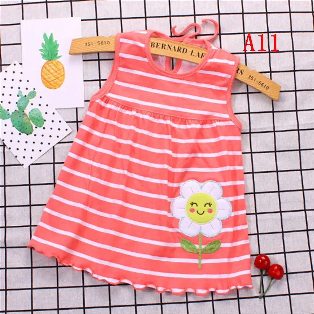 Newborn cotton flower sleeveless dress for baby girls, featuring pink stripes and floral design, ideal for summer wear.