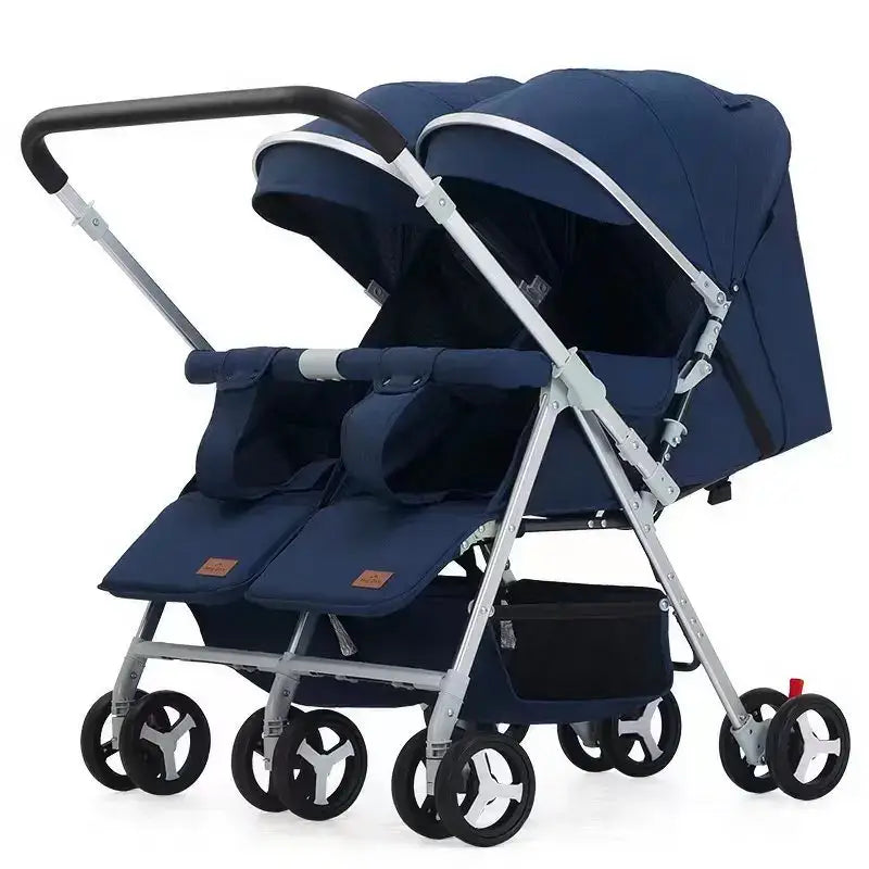 2025 New Twin Baby Stroller in navy blue with twin seats, aluminum frame, foldable design, suitable for infants and toddlers.