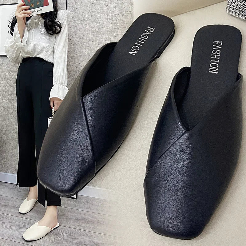 Women Mules Square Toe Flat Slippers