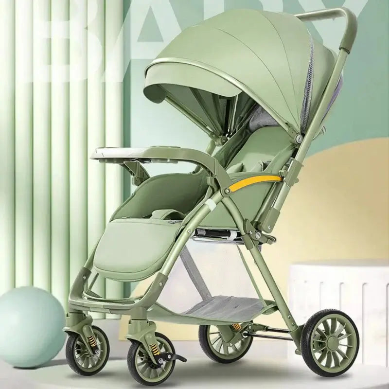 Bi-directional lightweight baby stroller in green with a reclining seat and foldable design for infants.