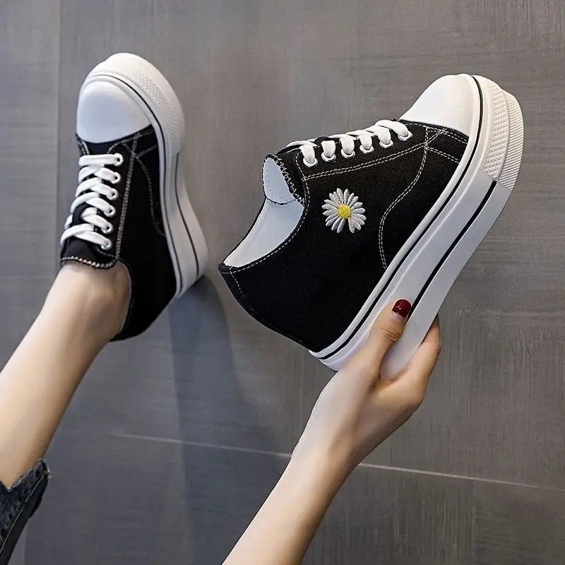 Women Canvas Shoes Black Platform Sneakers