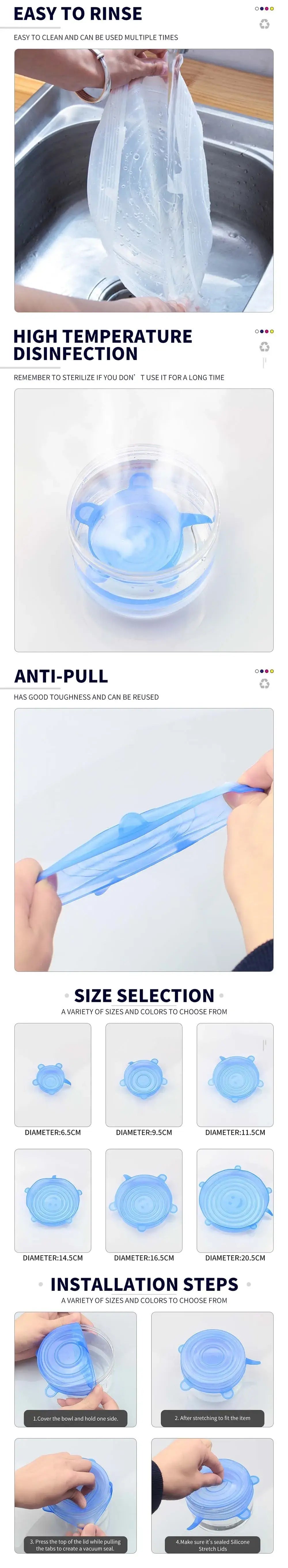 Image showcasing 6 silicone stretch lids, highlighting easy rinsing, temperature resistance, size selection, and installation steps.