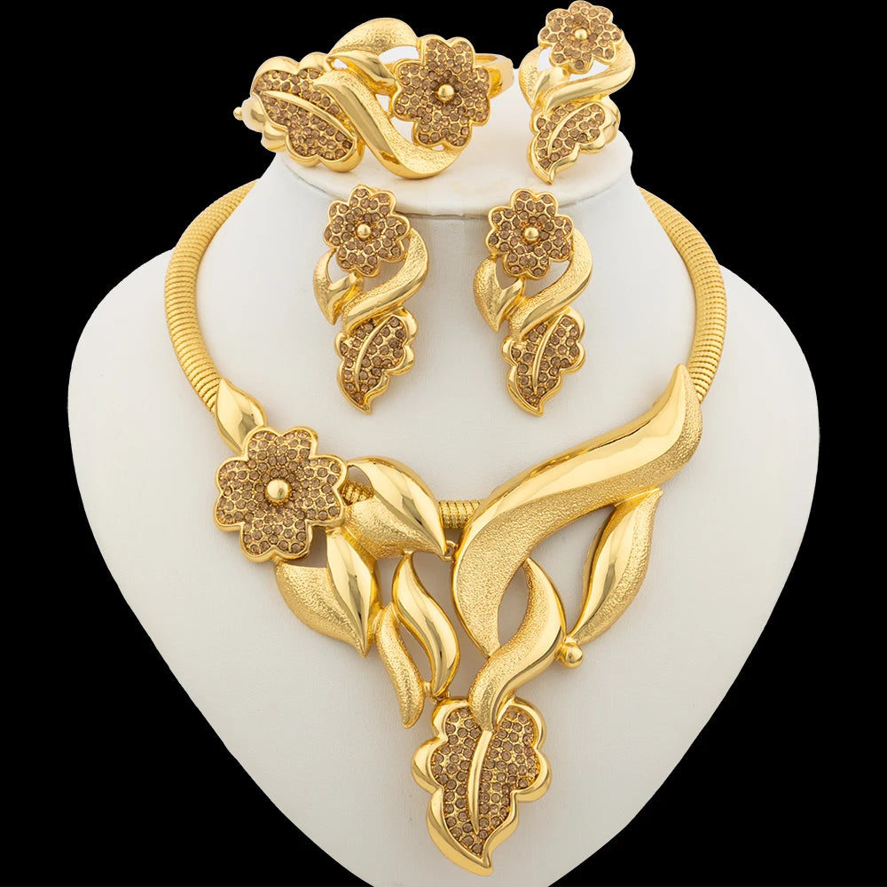 18K Gold Color Flower Bridal Jewelry Set