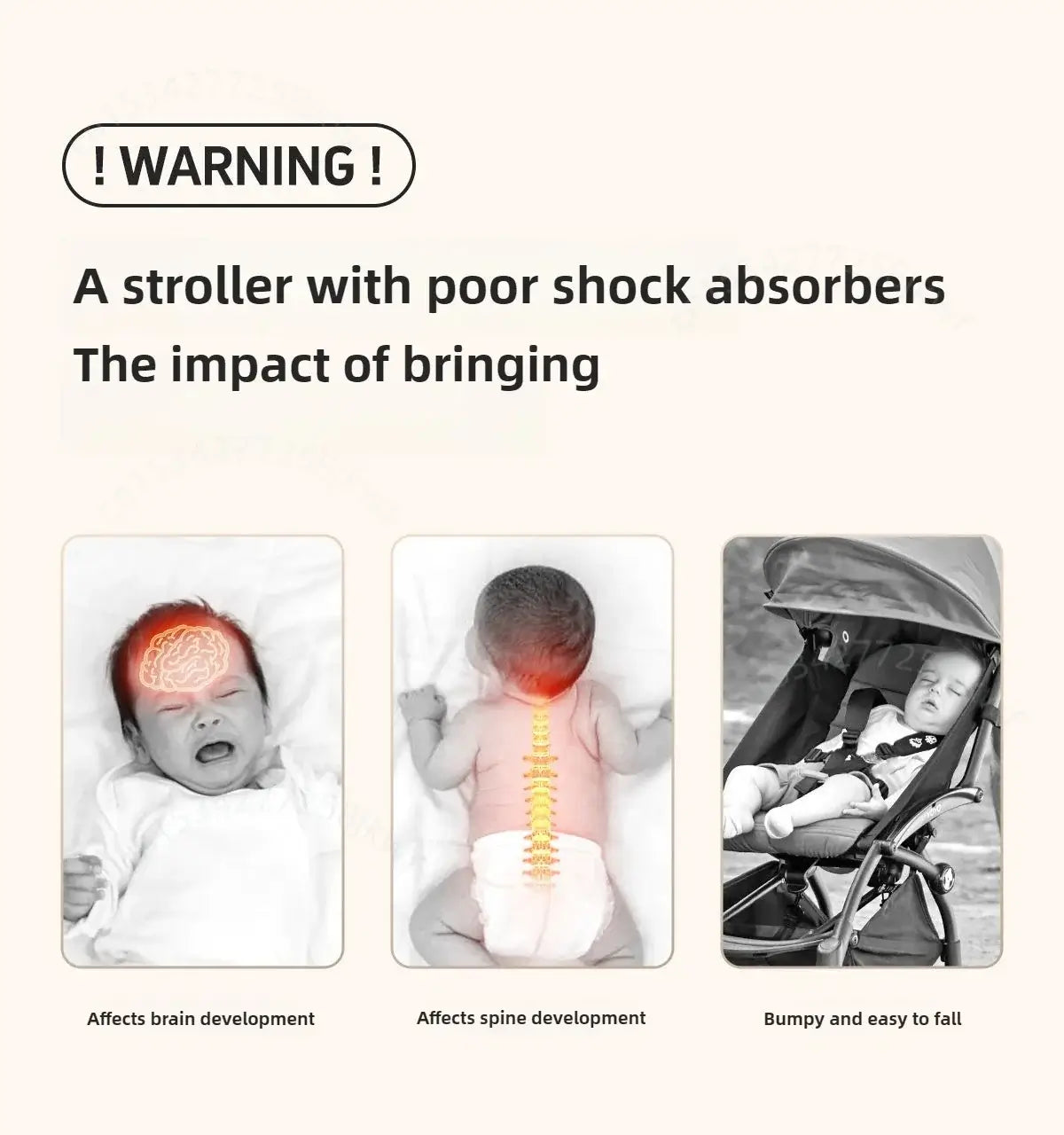Warning about the effects of strollers with poor shock absorbers on brain and spine development.
