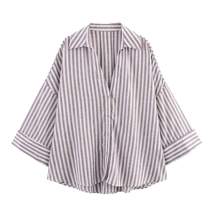 AsymLinen™ wide sleeve linen shirt in striped pattern, featuring a loose fit and asymmetric button down design for women.