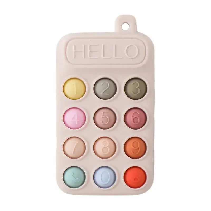 Soft silicone baby toy phone with colorful buttons, safe for toddlers, perfect for sensory play and learning.