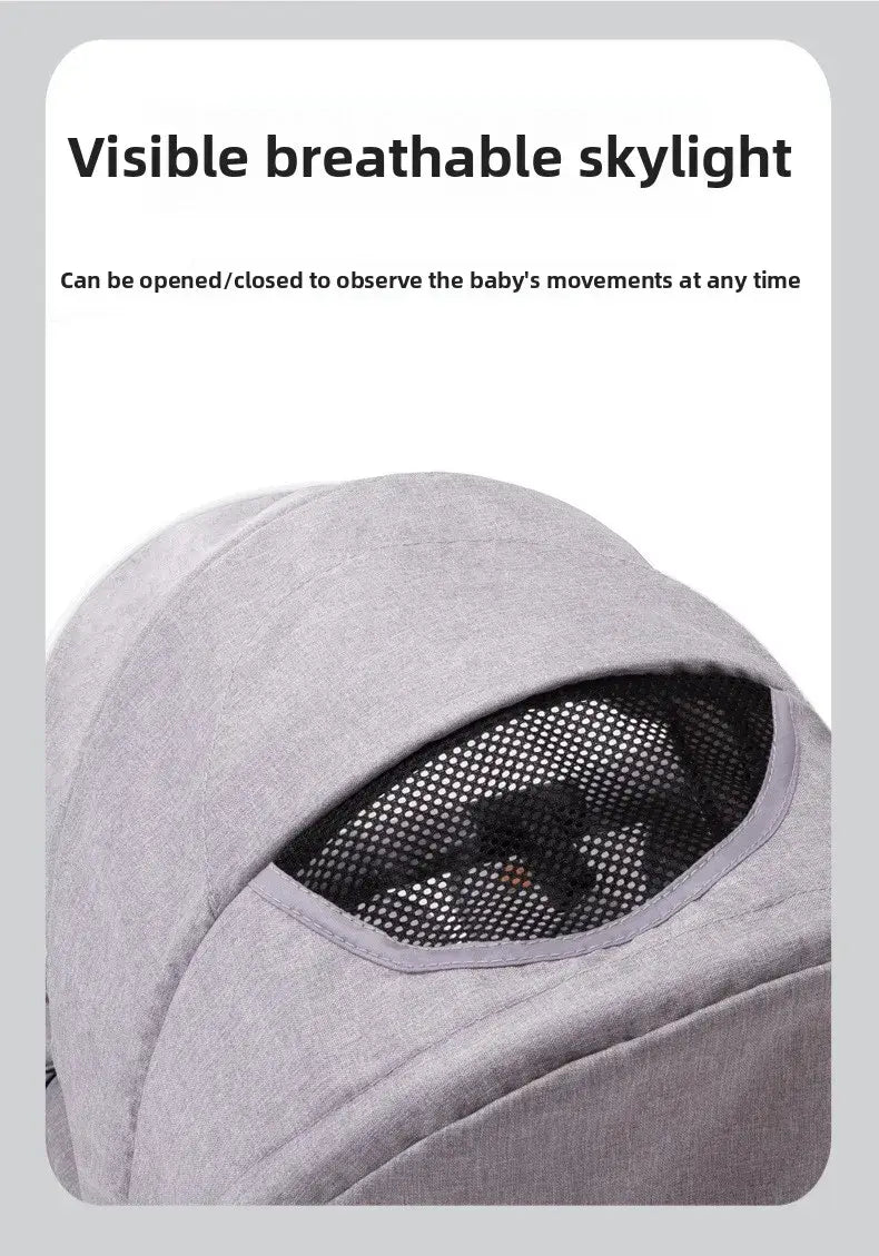 Twin baby stroller with breathable skylight for easy observation of babies' movements.