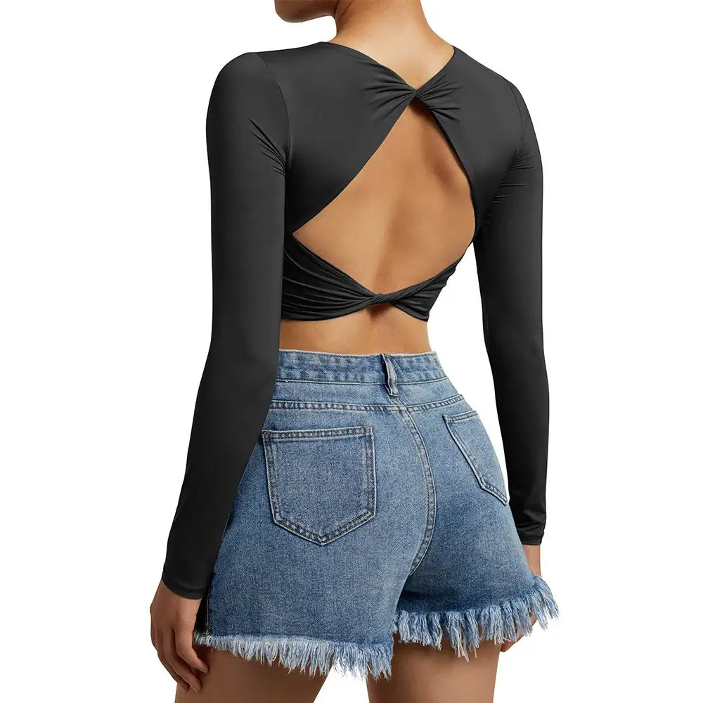 بلوزة يوغا نسائية مفتوحة الظهر بأكمام طويلة