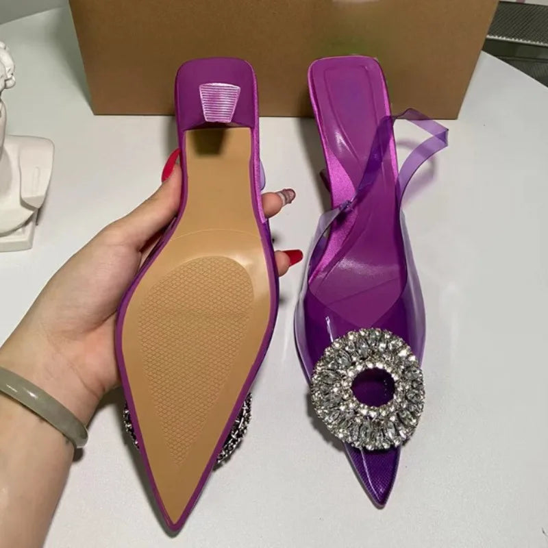 صنادل حفلات بكعب شفاف مرصع بأحجار الراين