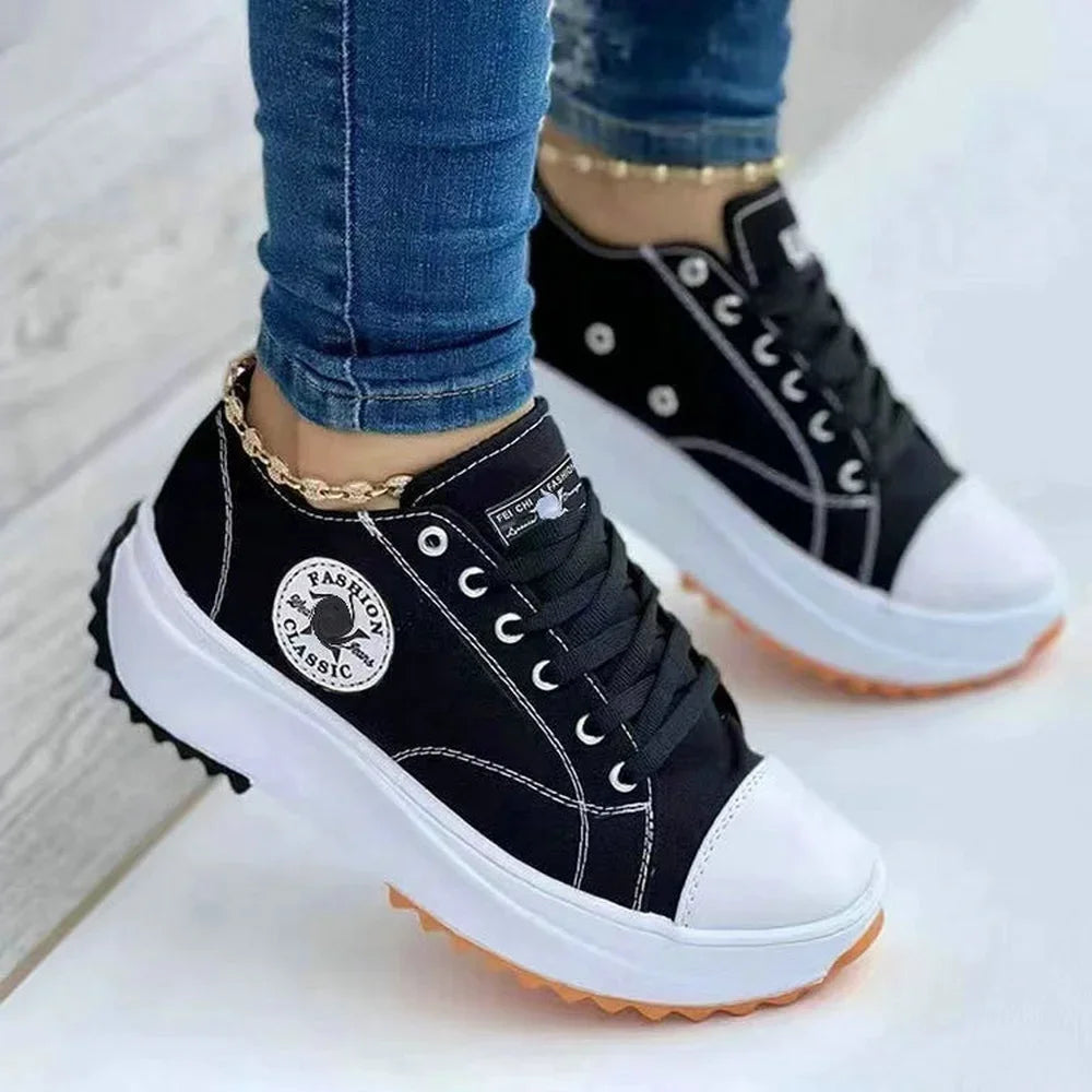 Women Canvas Pattern Sneakers Lace Up Flats