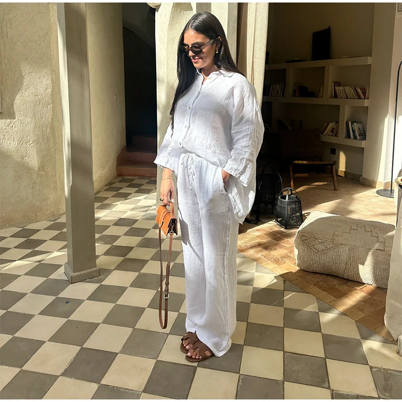 طقم بنطال نسائي من القطن بقصة واسعة