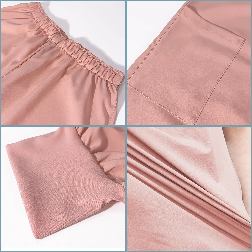 Close-up images of the breathable fabric and details of 7-color nursing work uniform pants with pocket and elastic waistband.