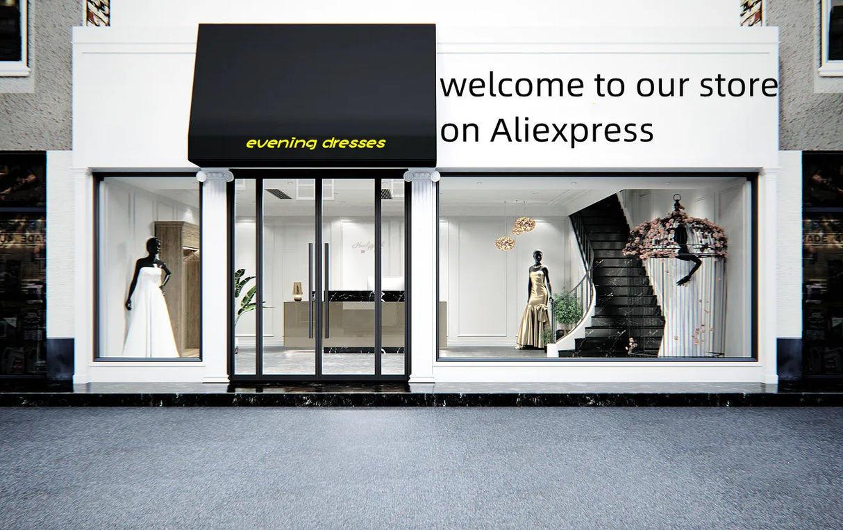 Storefront showcasing elegant evening dresses with mannequins and welcoming sign on Aliexpress.