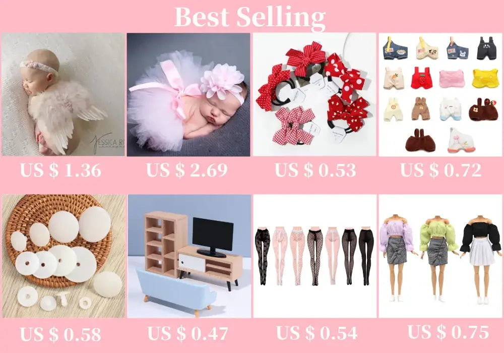 Collage of best-selling baby and doll products, including wings, headbands, clothing, and accessories.